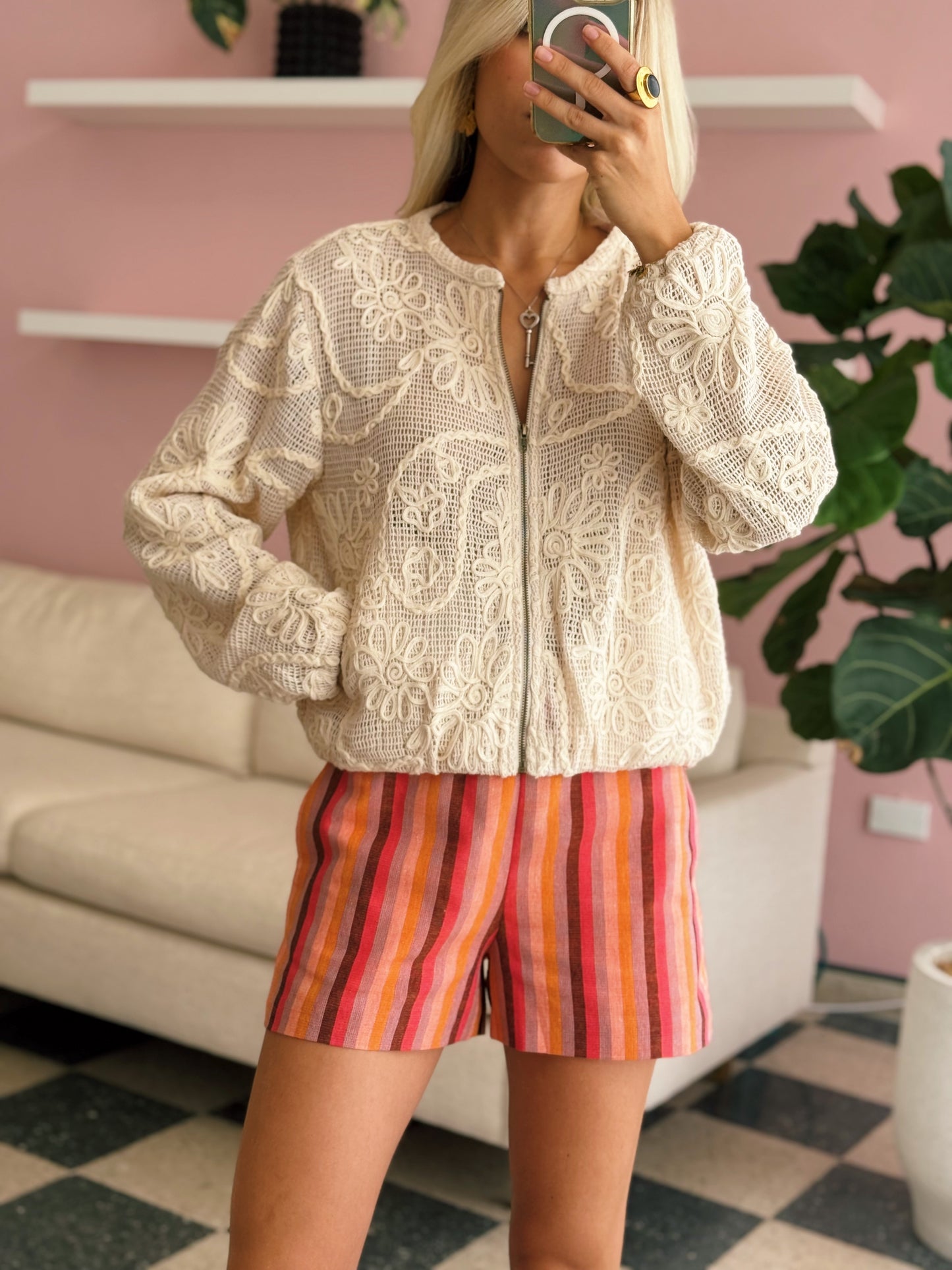Aeva Embroidered Crochet Bomber Jacket