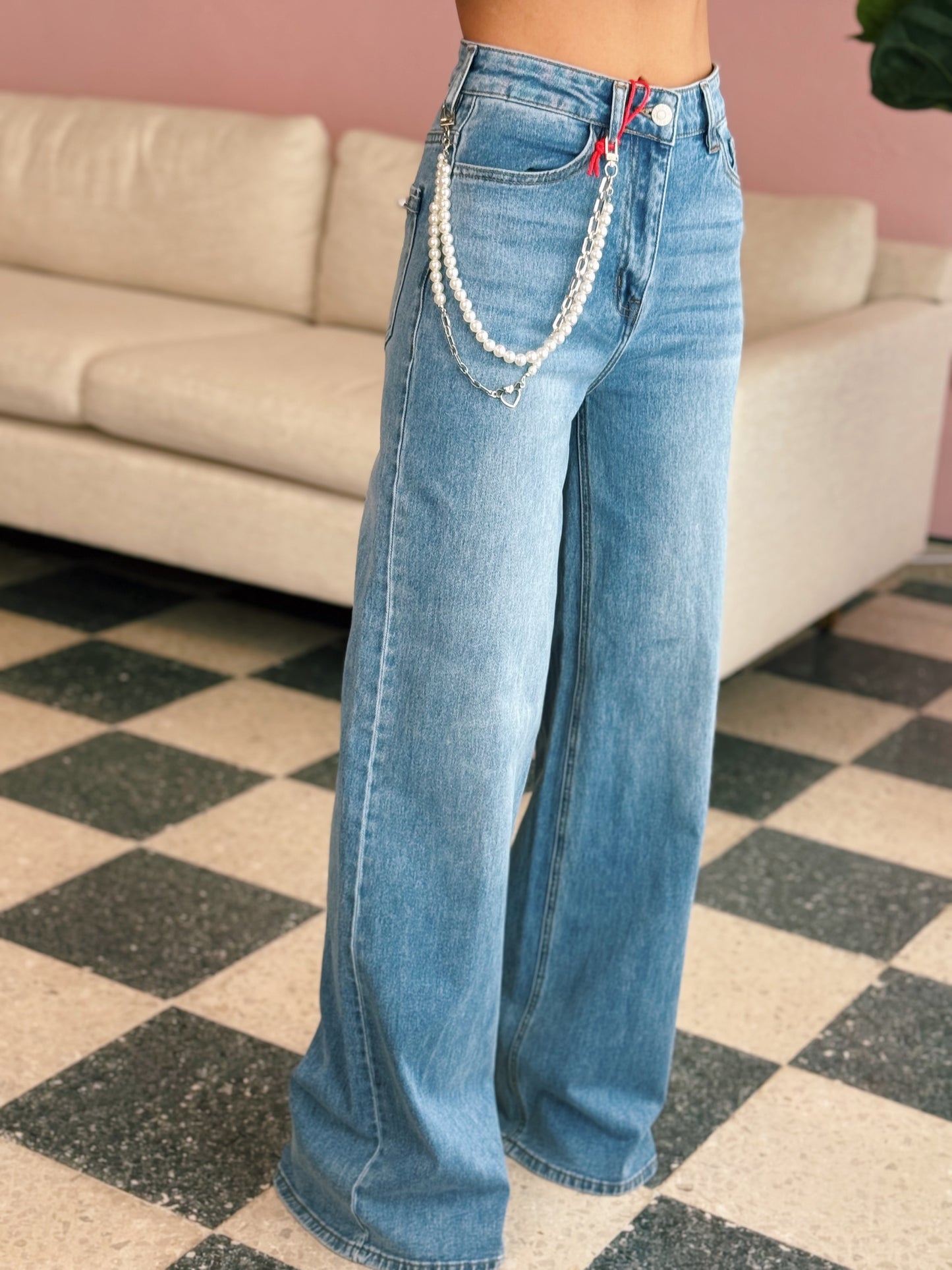 High-rise Wide Leg Jeans With Pearl String