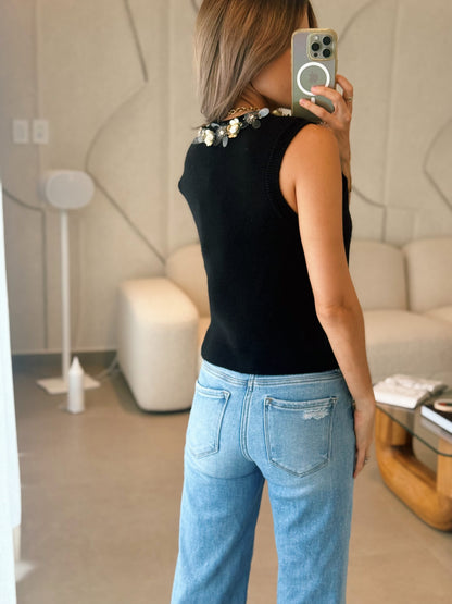 Knit Jewel Trim Sleeveless Top