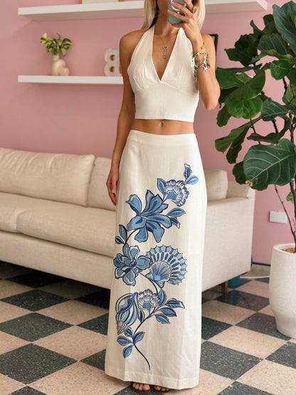 Off-White Flor Top and Maxi Skirt Linen Set - Dress To