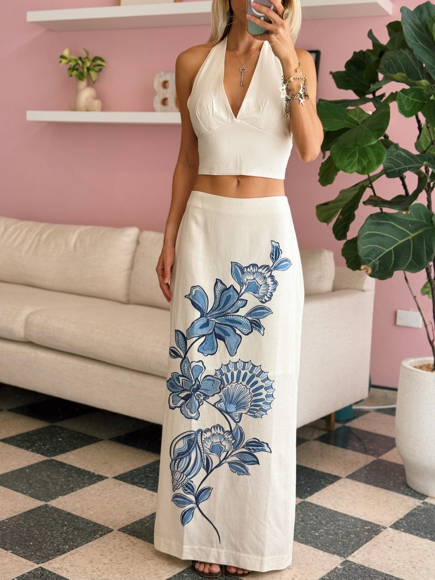 Off-White Flor Top and Maxi Skirt Linen Set - Dress To
