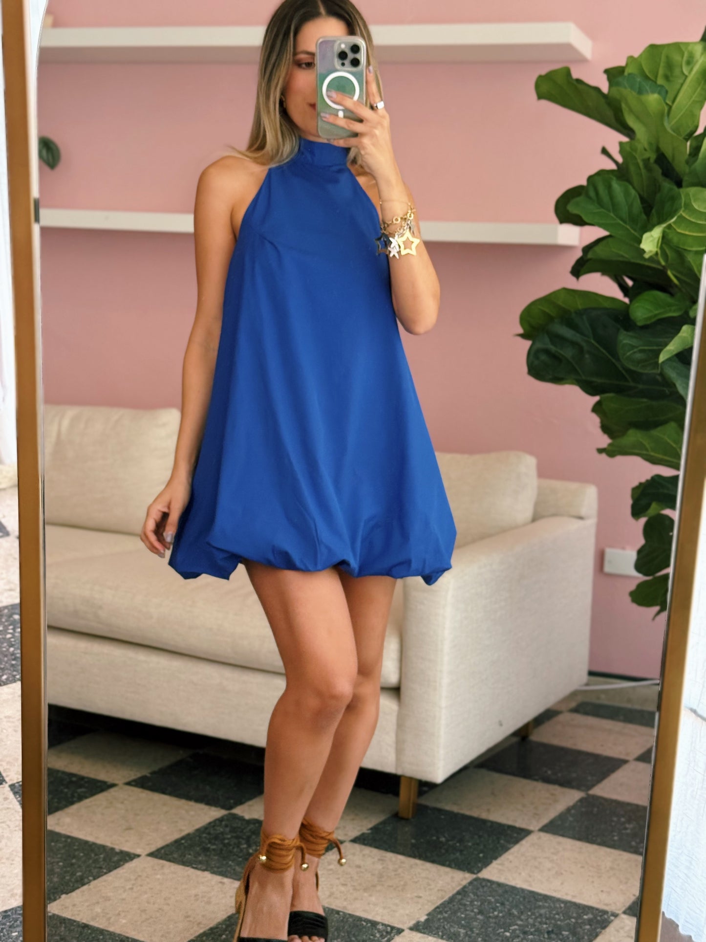 Blue Halter Neck Bubble Hem Dress