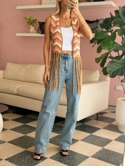 Taupe Crochet Fringe Vest