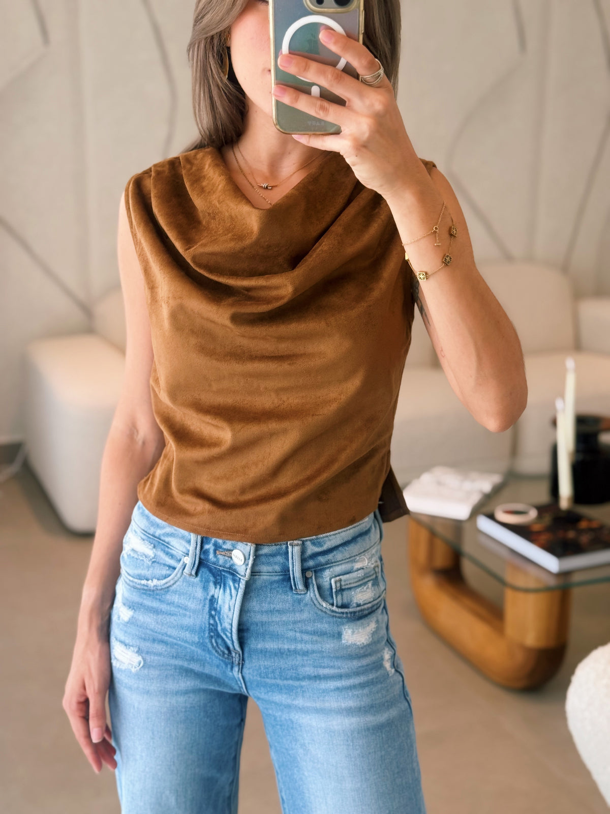 Brown Suede Cowl Top