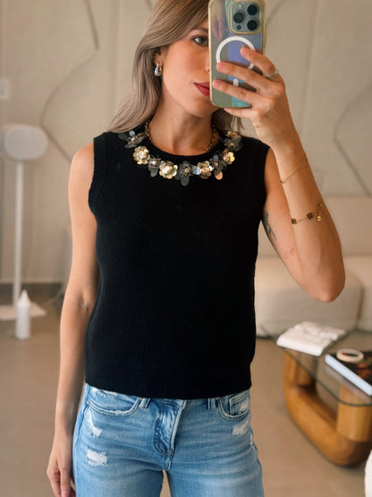 Knit Jewel Trim Sleeveless Top