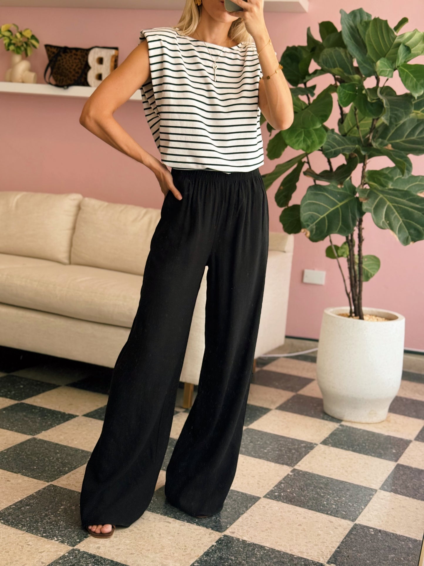 Navy Striped Padded Top