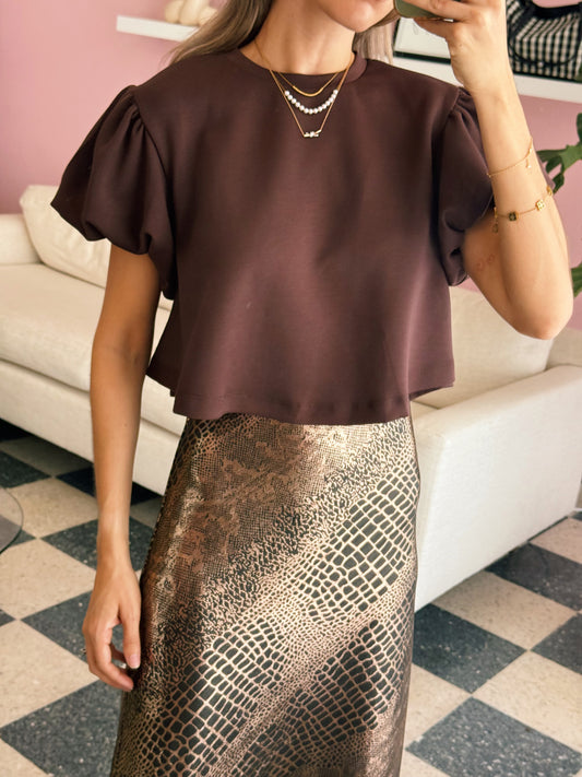 PRE ORDER (ETA: 2-3 weeks) Brown Cropped Puff Sleeve Knit Top