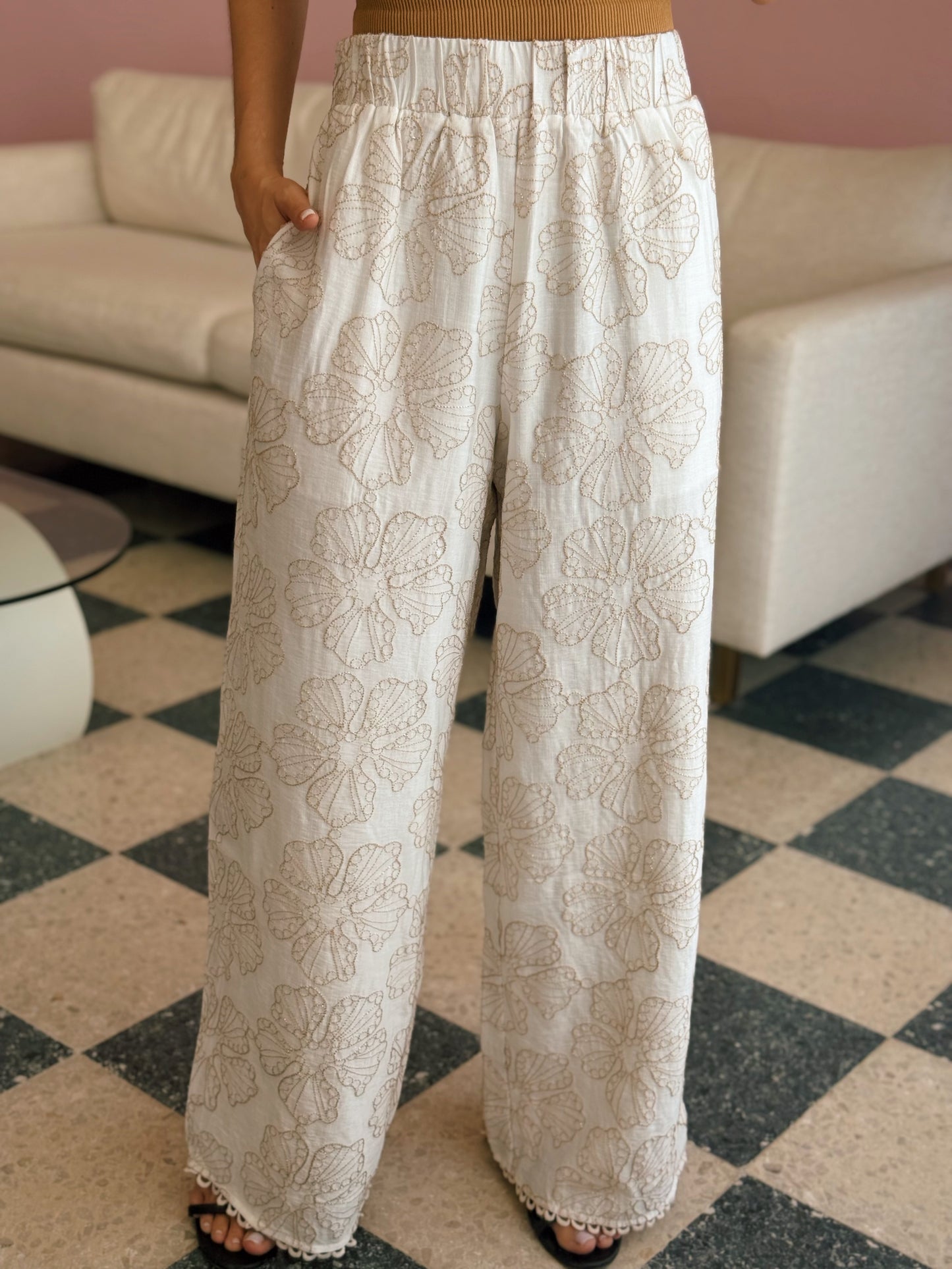 Embroidered White Pants