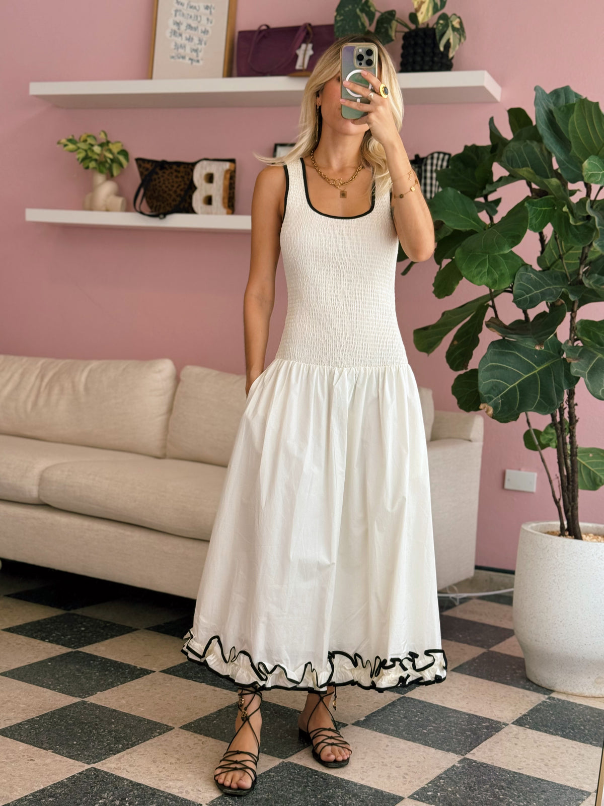 Drop Waist Smocked Bodice Midi Dress