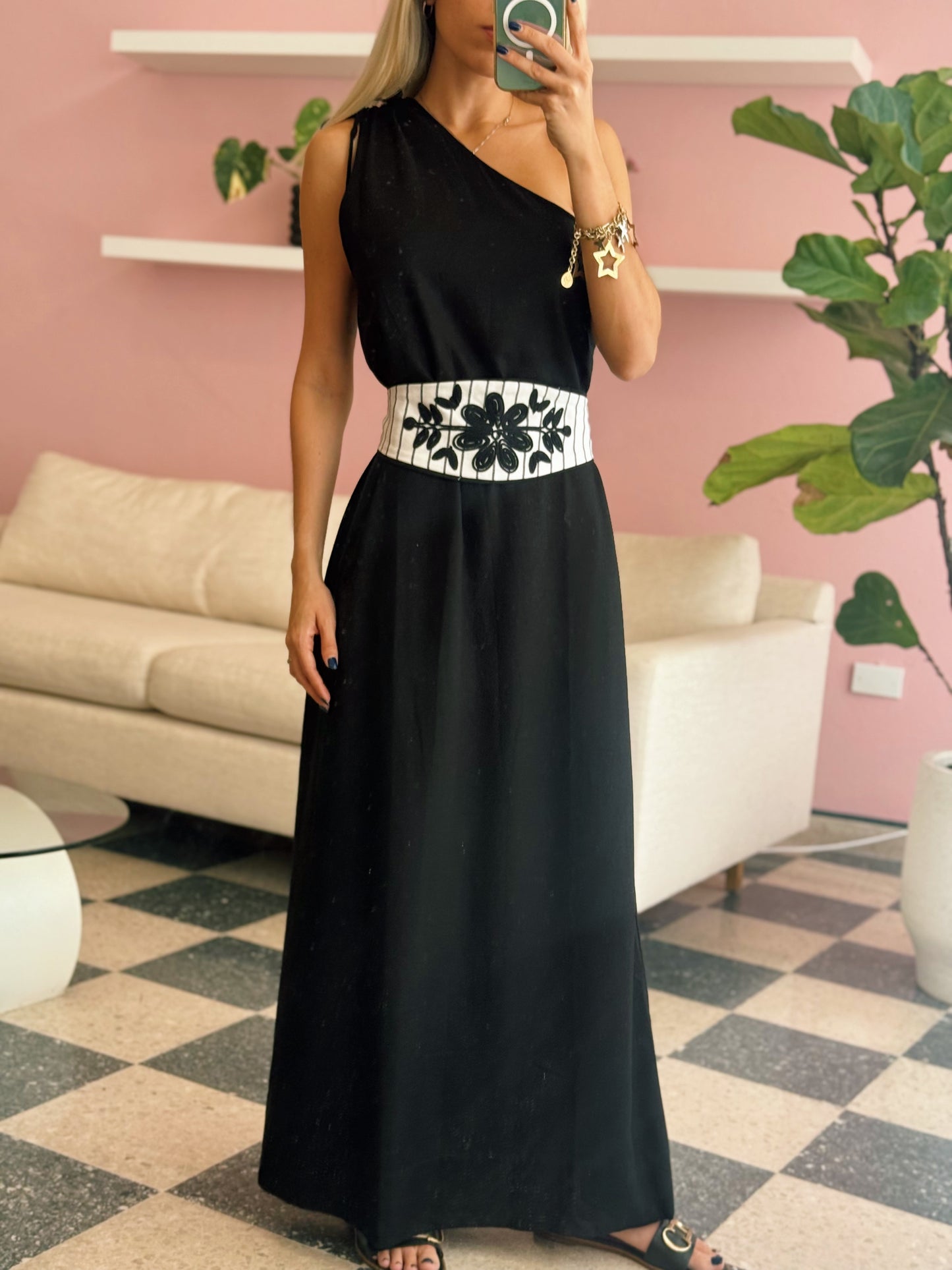 Black Embroidered Belt Dress - Dress To