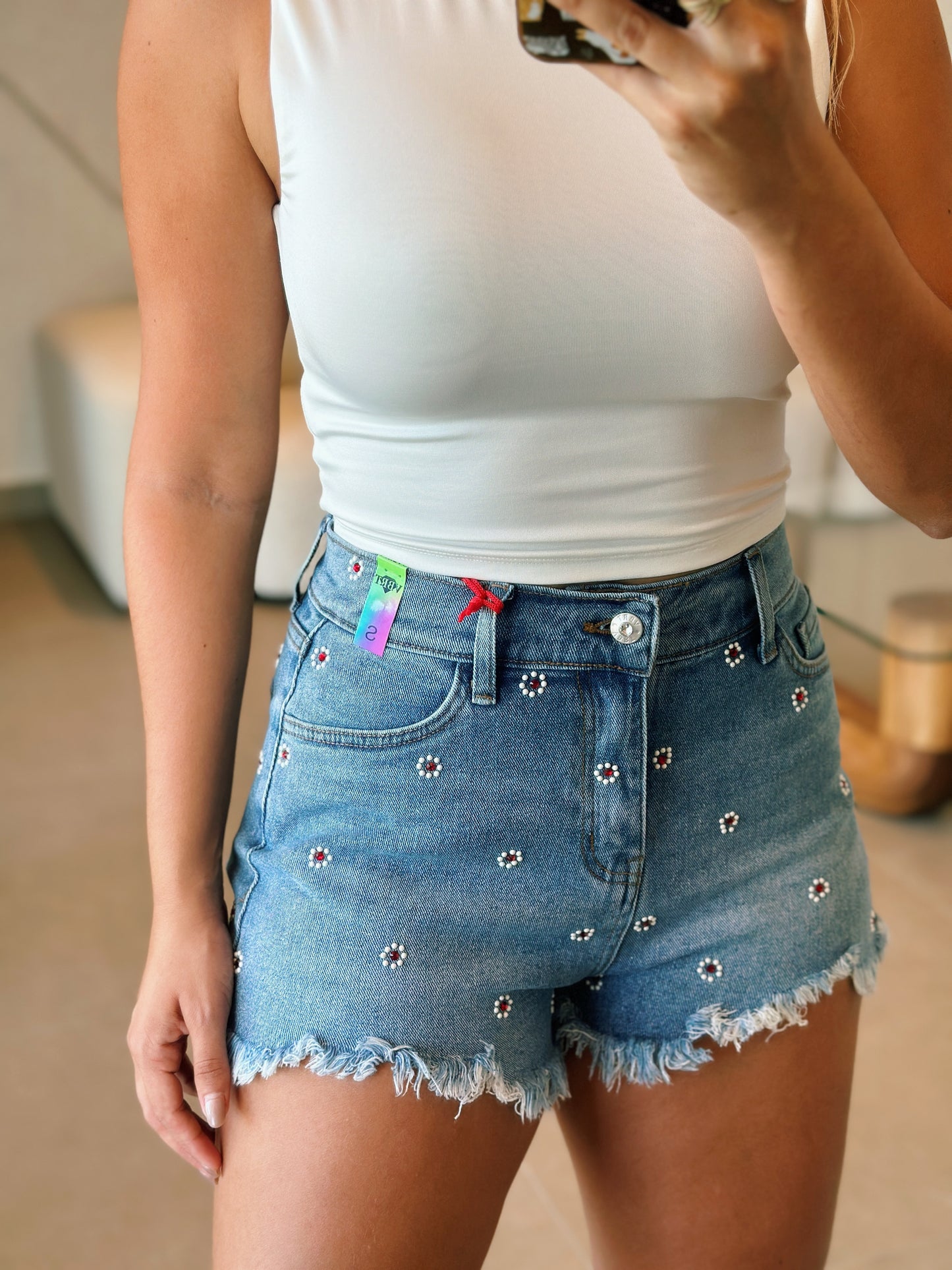 Flower Pearls Denim Shorts