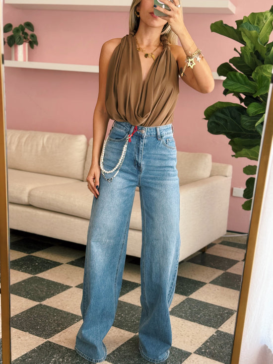 Mocha Beaded Accent Cowl Top