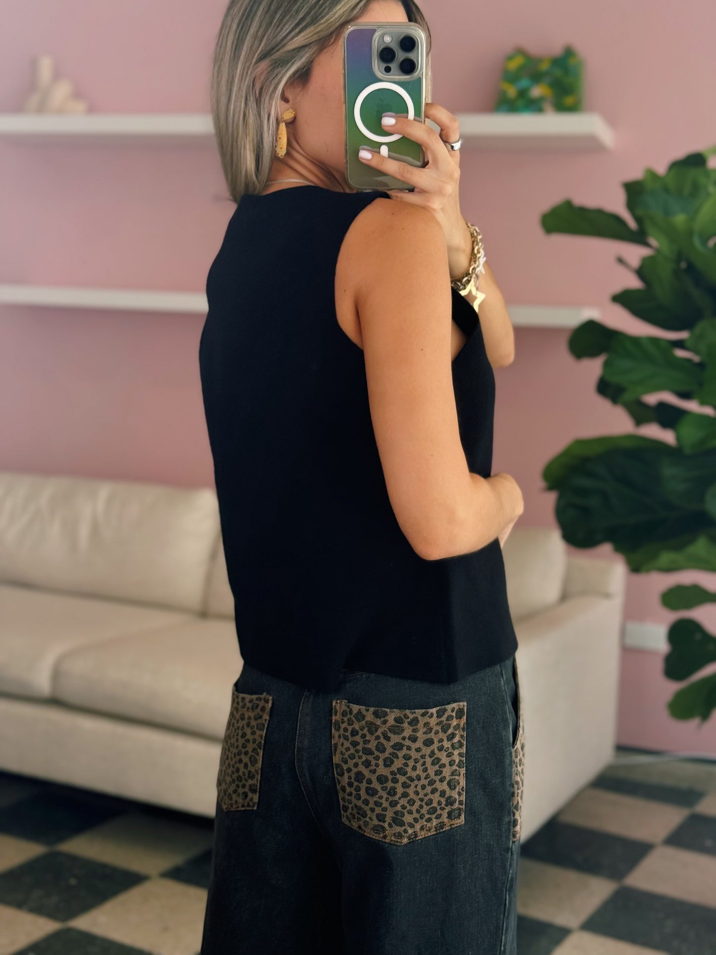 Metal Button Crop Sweater Vest