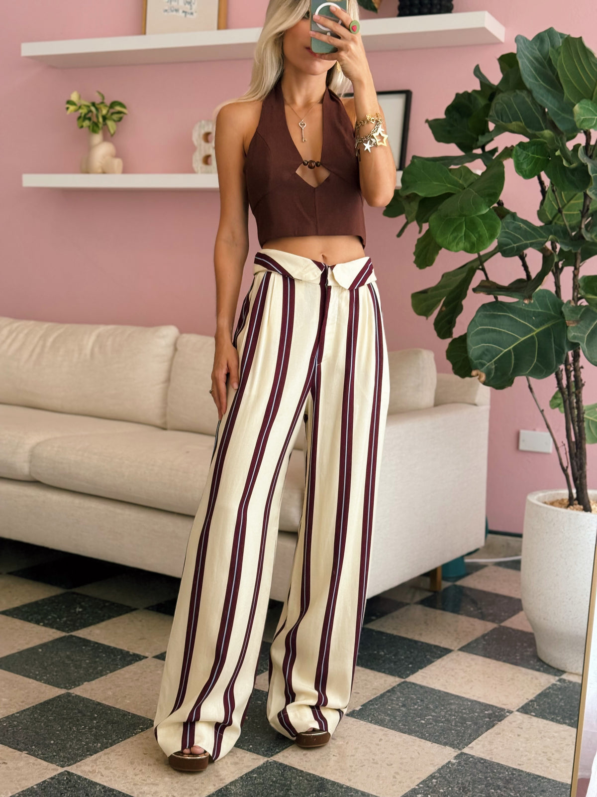 Wine Flap Waist Pockets Wide-Leg Pants - Dress To