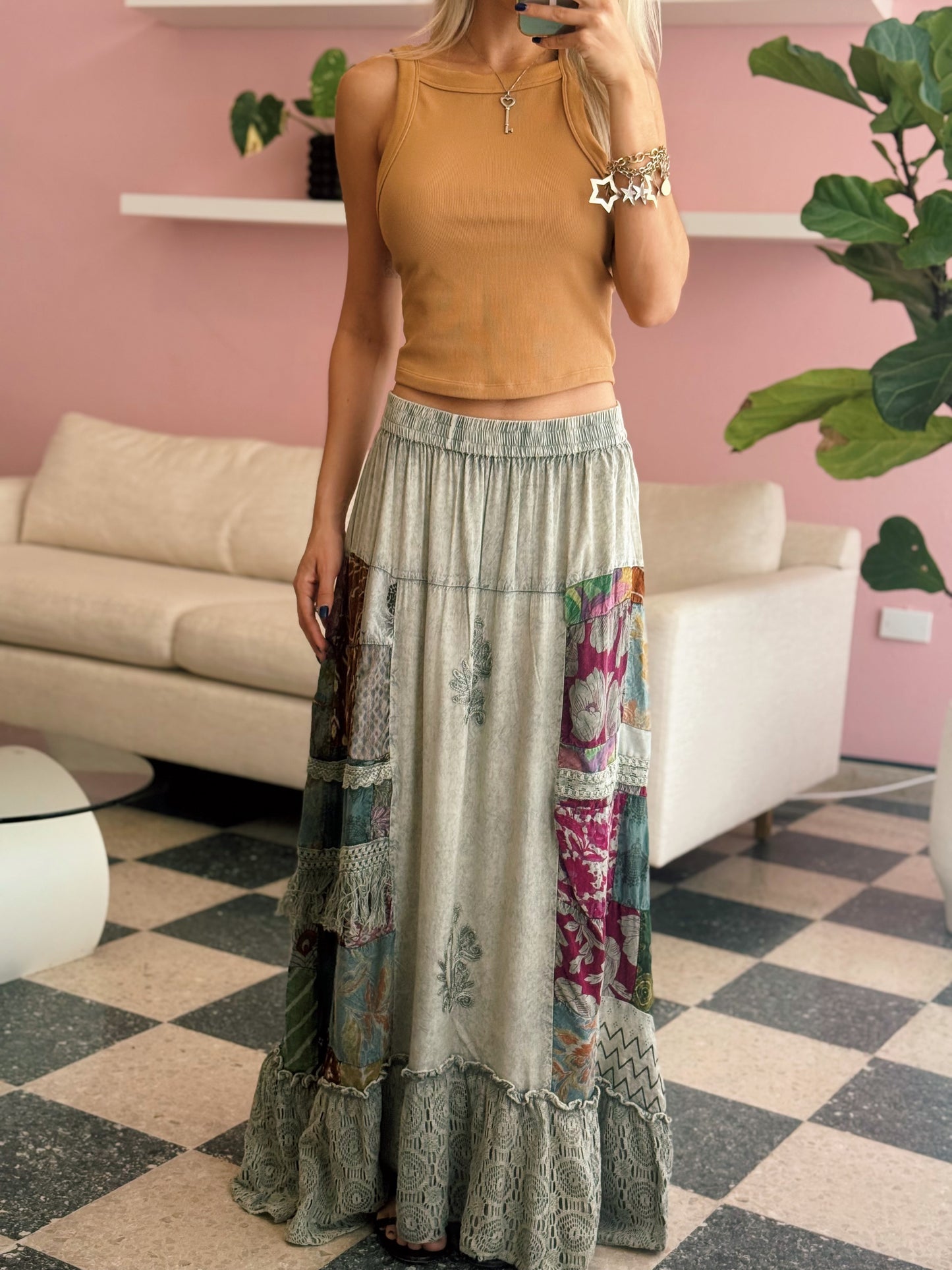 PRE ORDER (final sale/read description!!) Grey Patch Boho Skirt