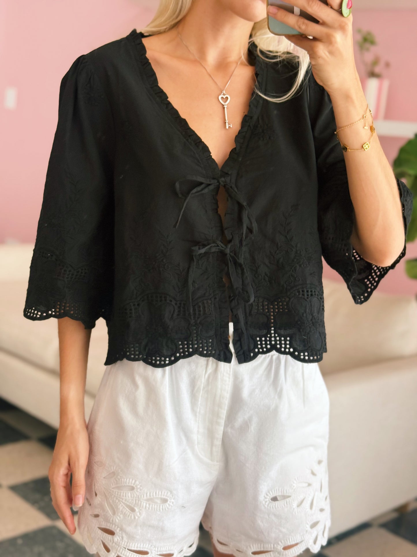 Black Floral Embroidery Blouse