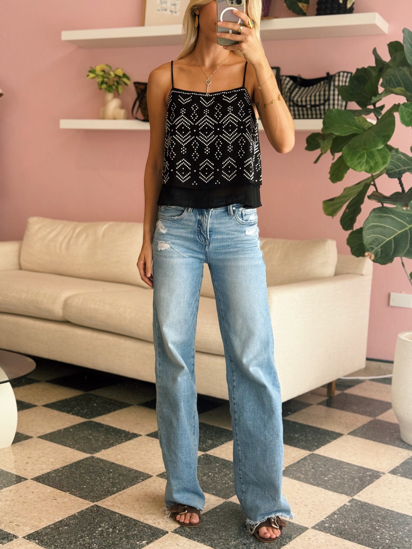 Black Rhinestone Chiffon Cami Top