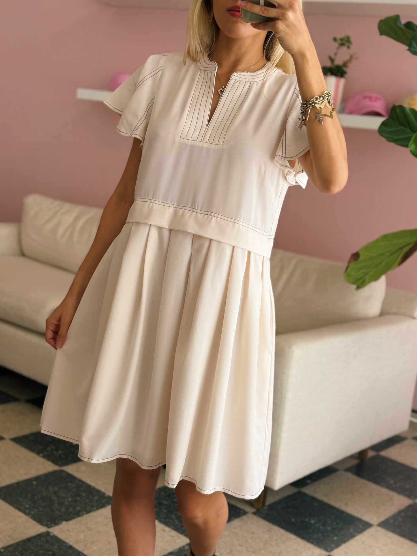 Off White Flutter Sleeve Dress