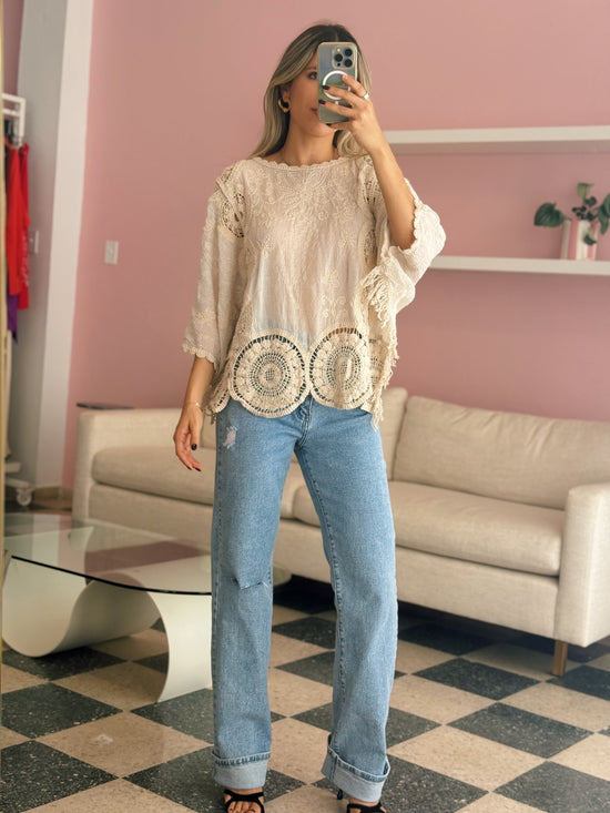 One Size Ivory Crochet Blouse