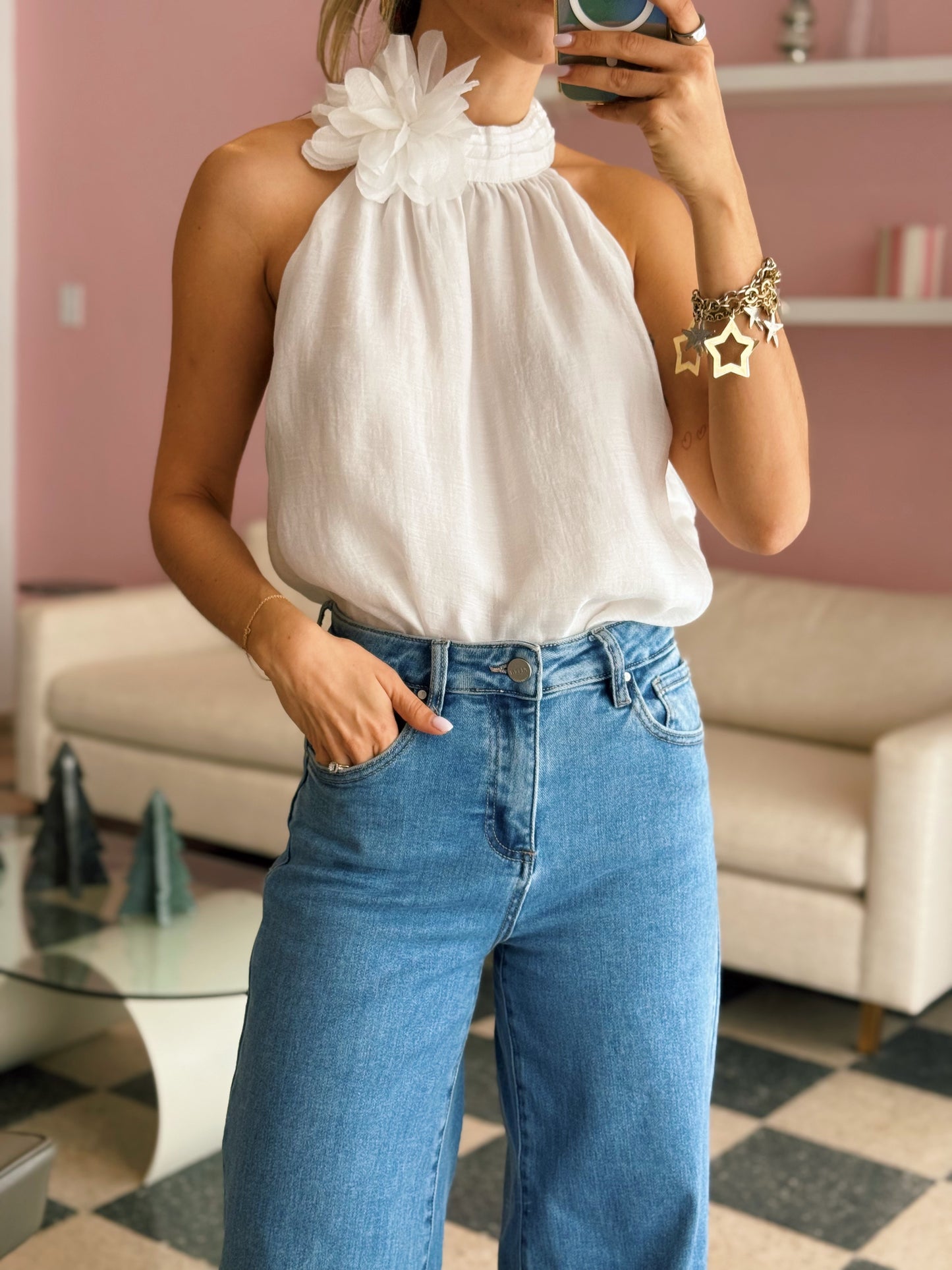 White Floral Neck Blouse