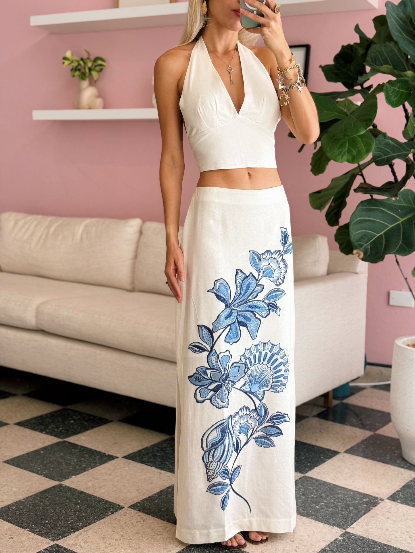 Off-White Flor Top and Maxi Skirt Linen Set - Dress To