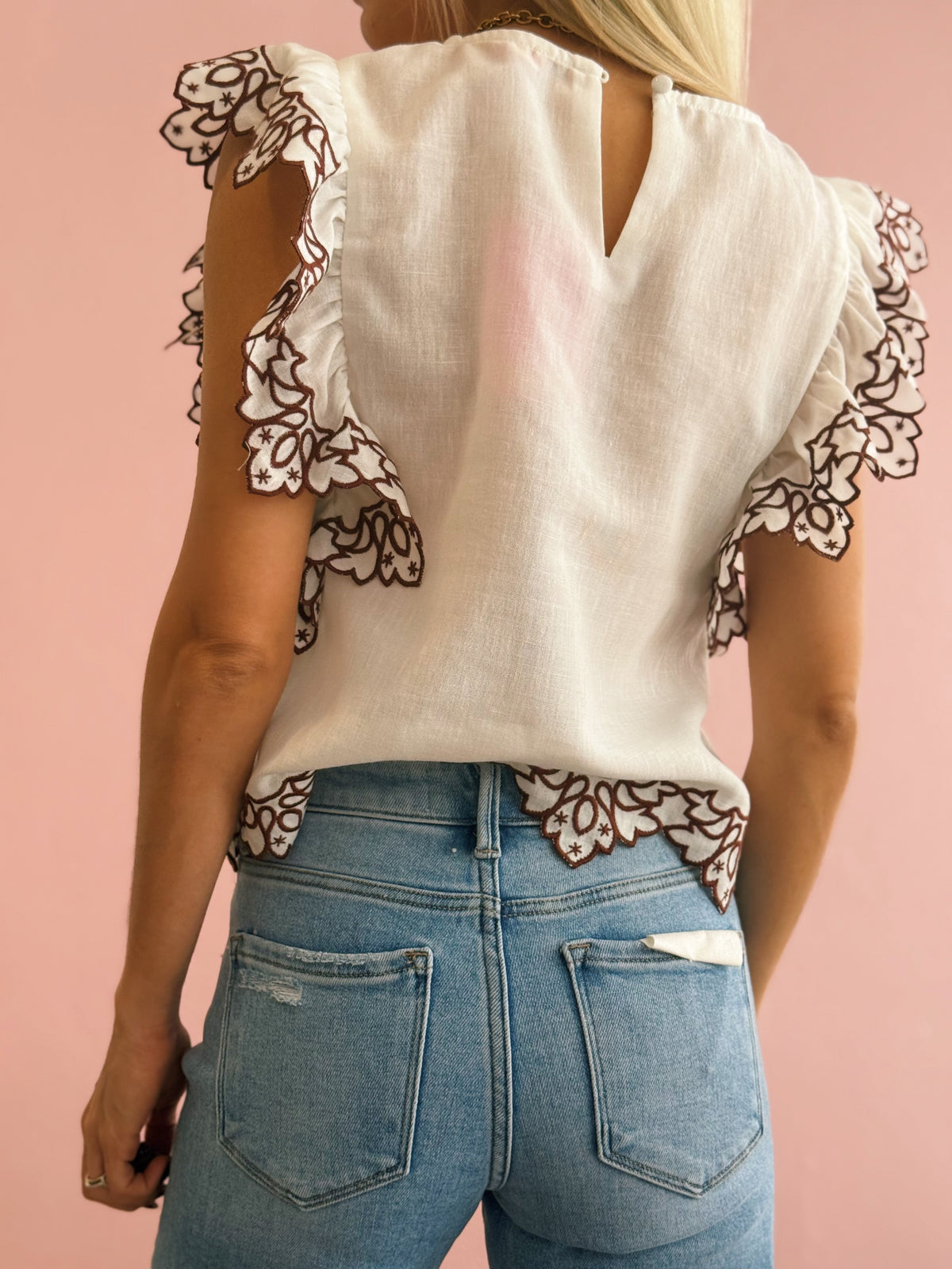 White Brown Embroidered Top