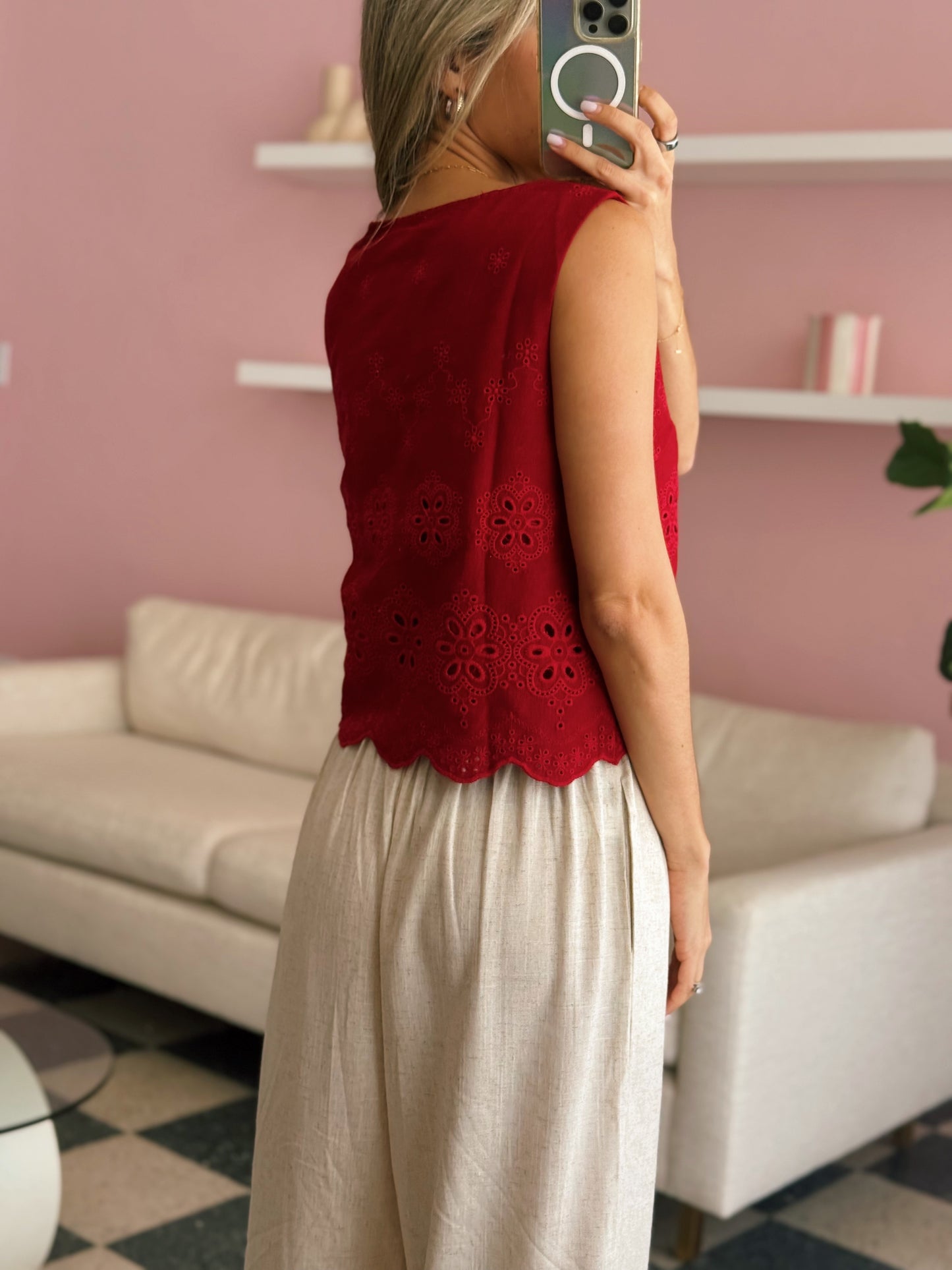 Red Eyelet Top