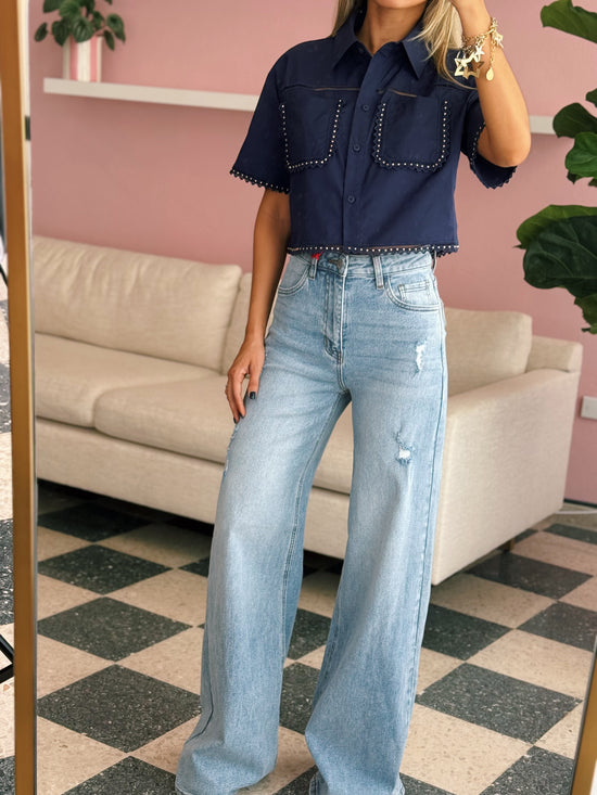 Lace Trim Cropped Shirt