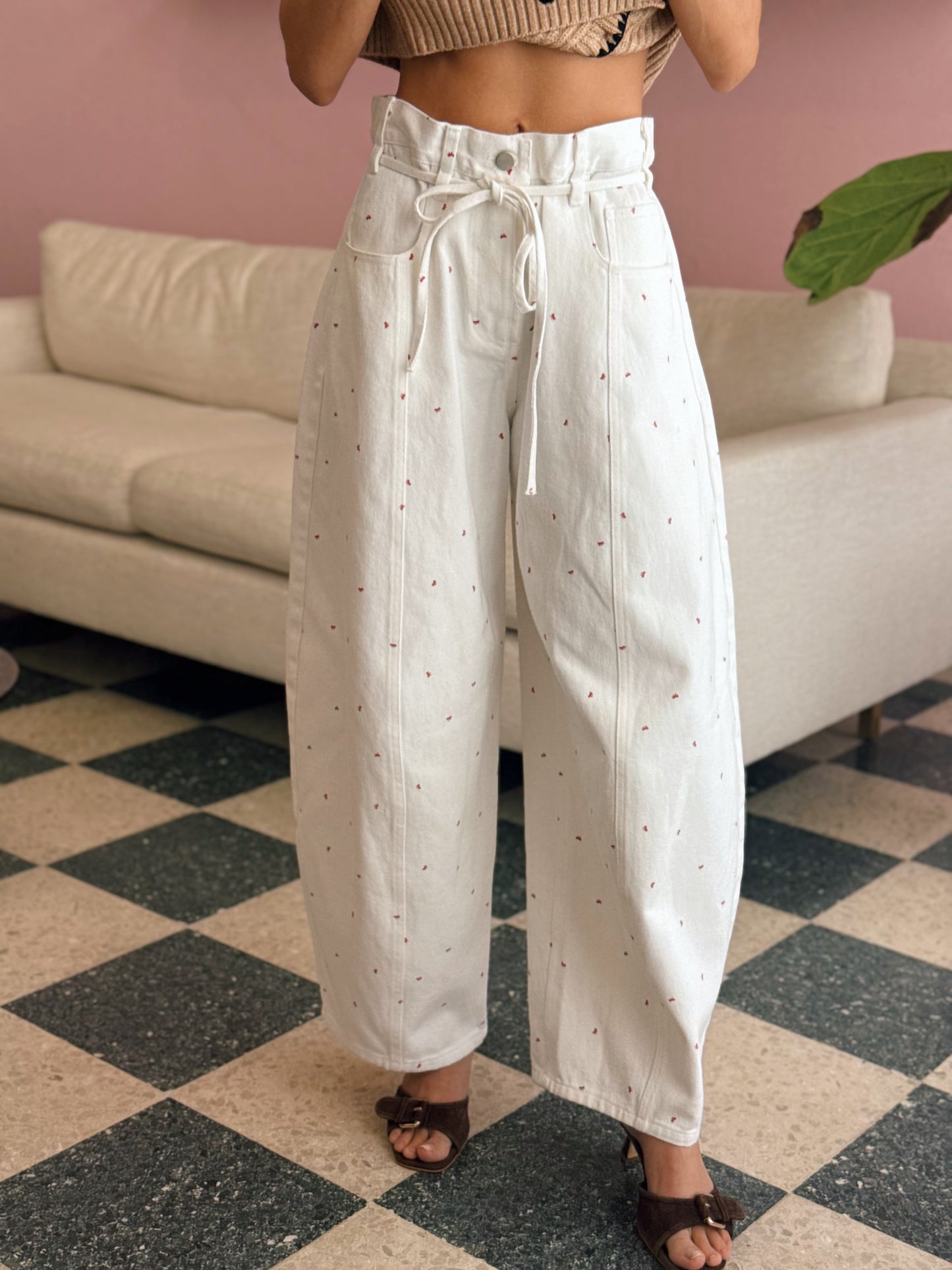 White Bow Barrel Jeans