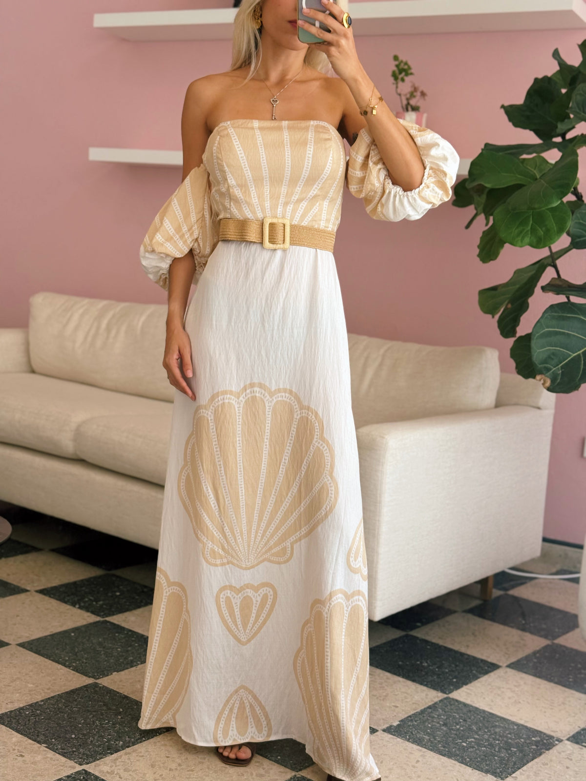Taupe Off Shoulder Maxi Dress