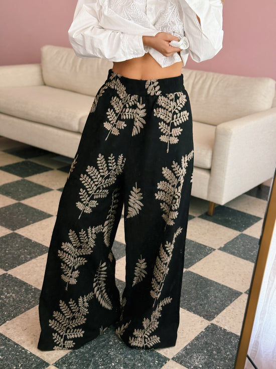 Black Floral Embroidered Wide Leg Pants