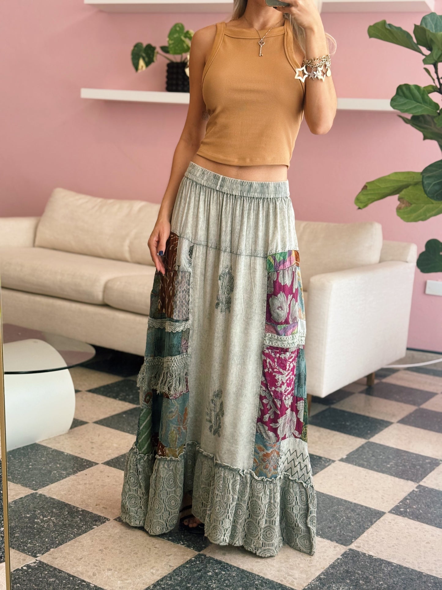 PRE ORDER (final sale/read description!!) Grey Patch Boho Skirt