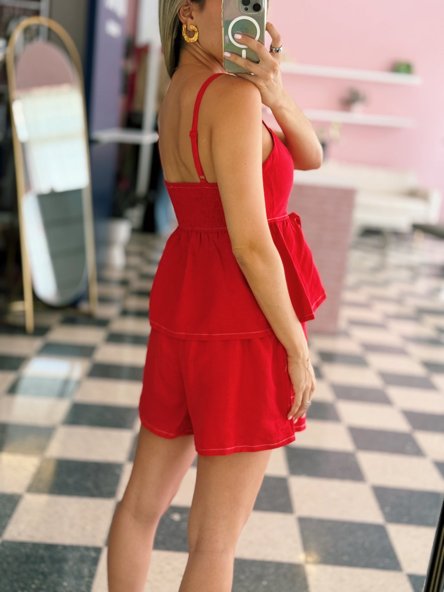 Red Linen Short Set