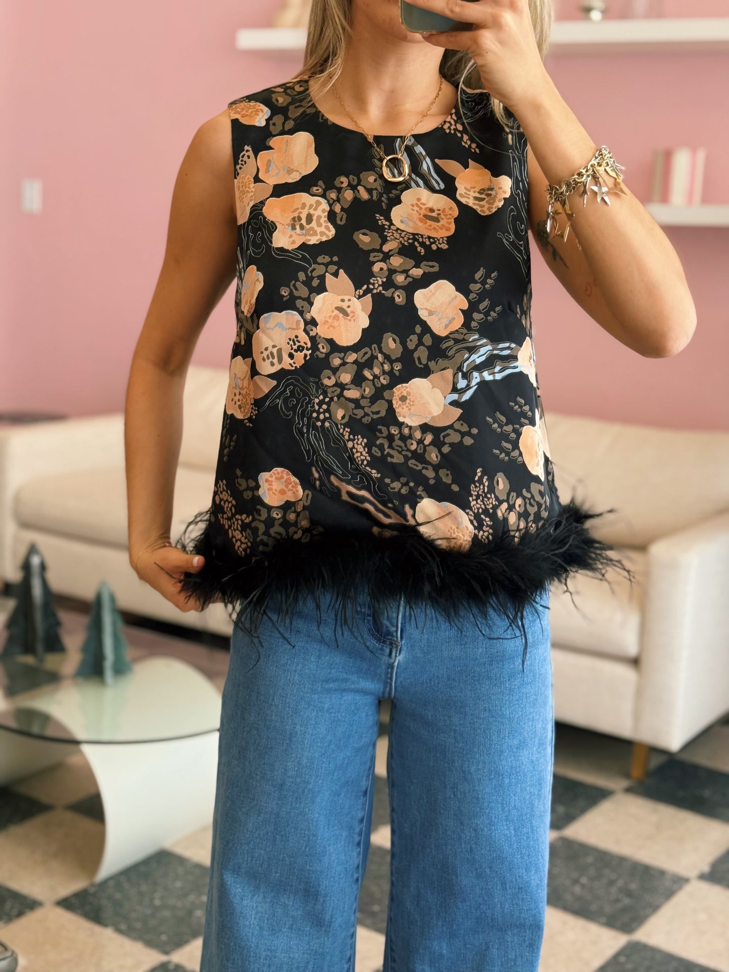 Black Floral Feather Top