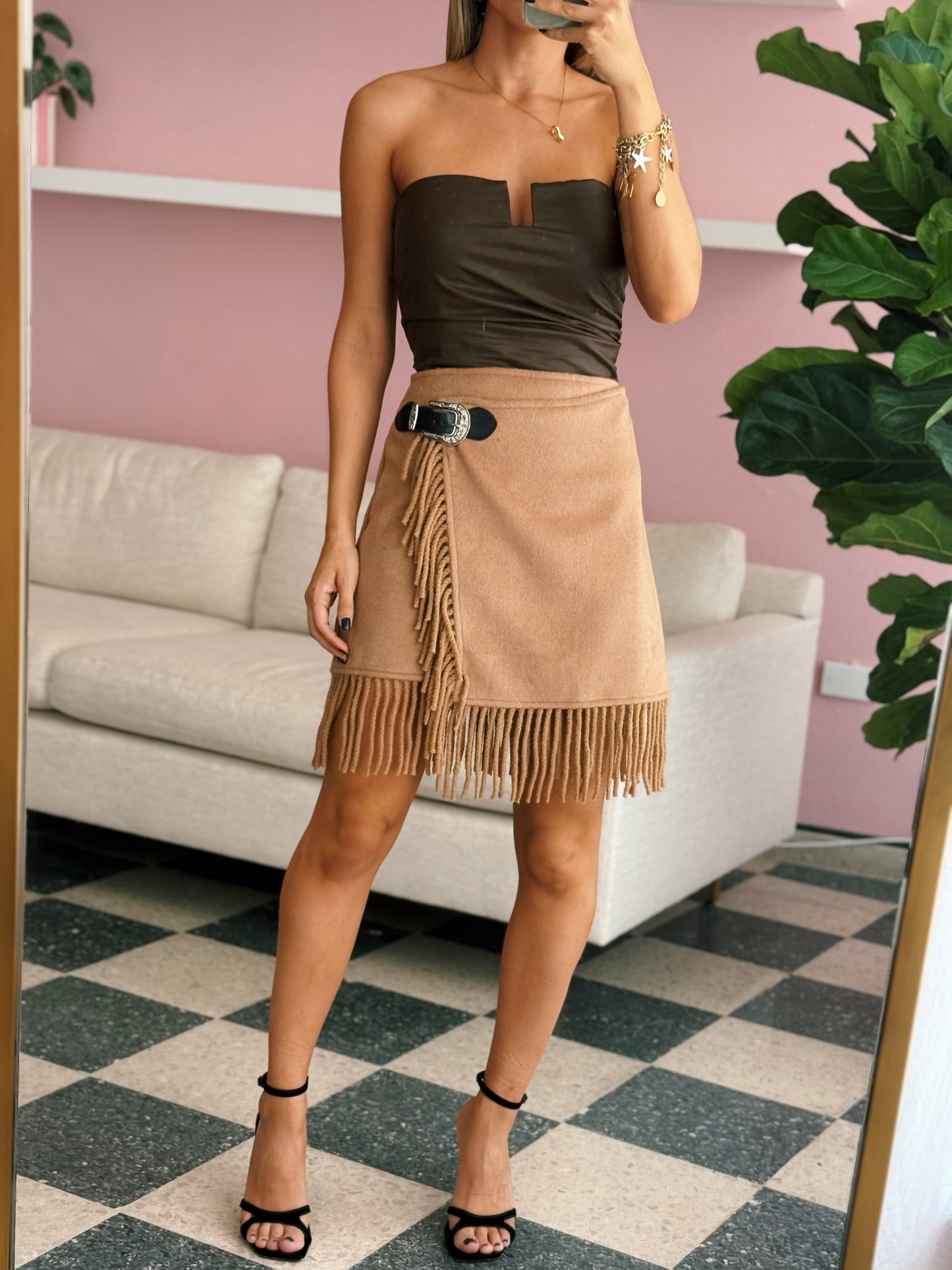 Fringe Buckle Wrap Mini Skirt