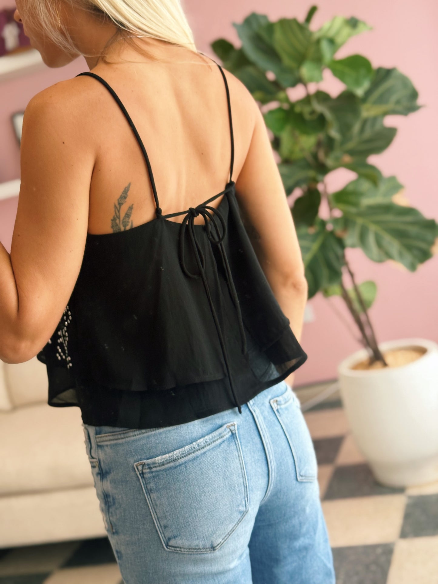 Black Rhinestone Chiffon Cami Top