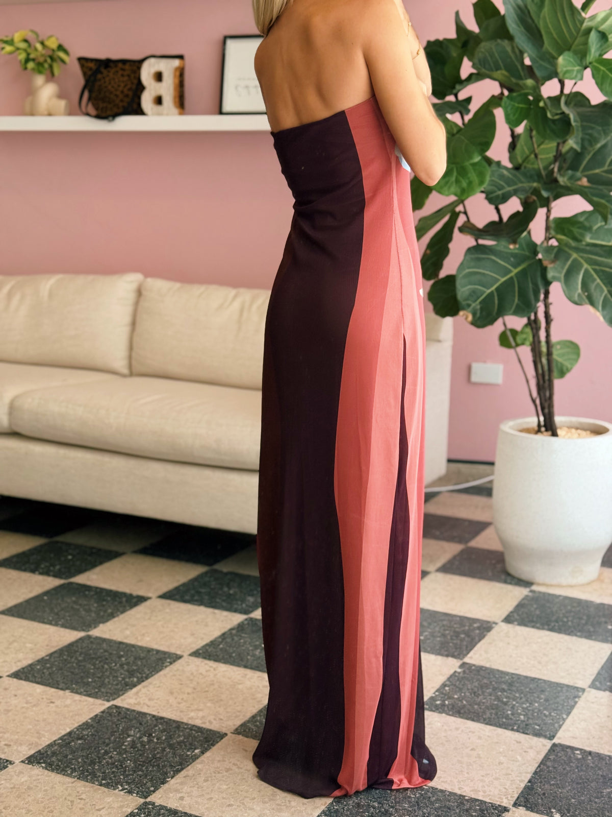 Multicolor Strapless Mesh Maxi Dress