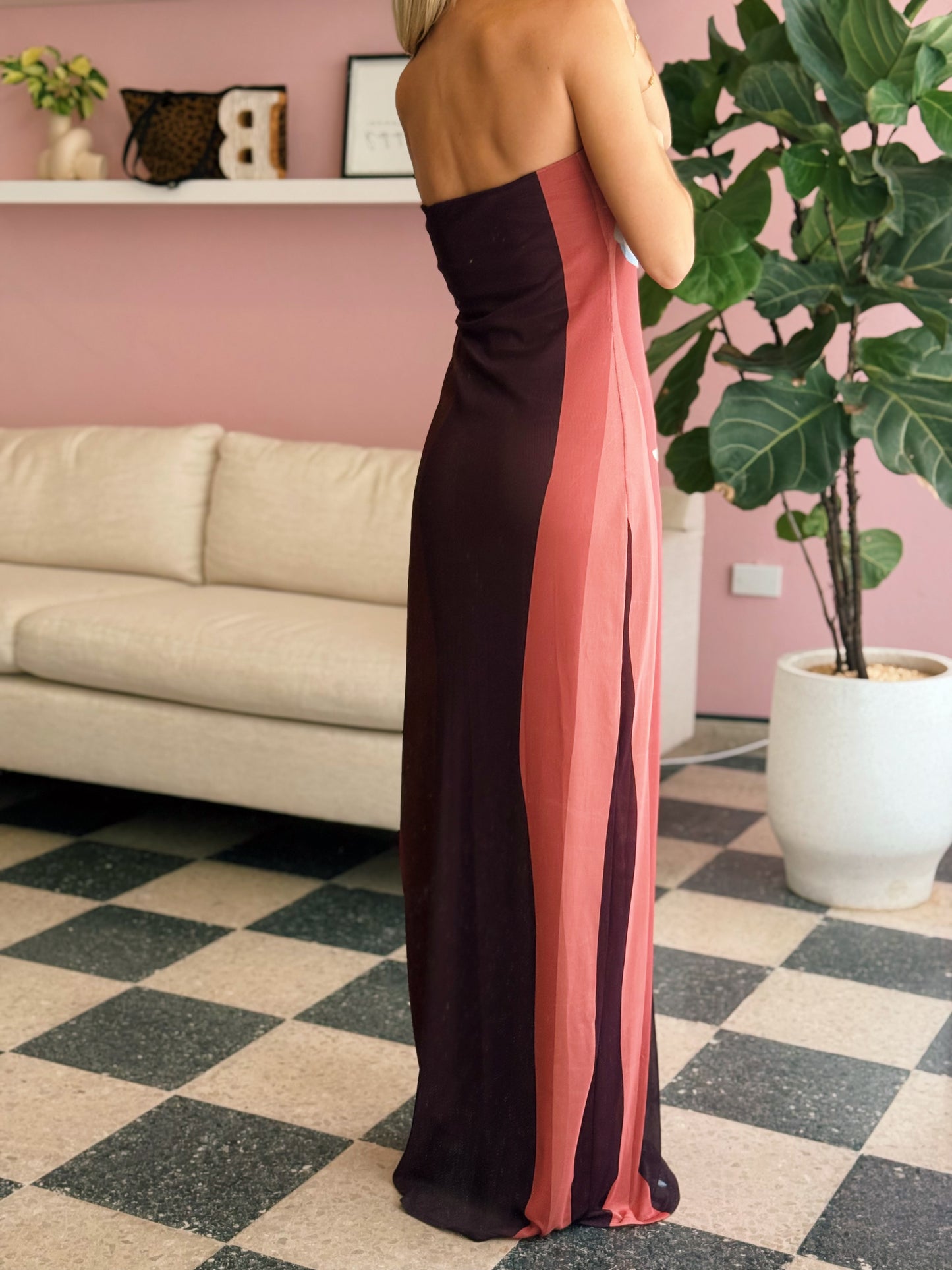 Multicolor Strapless Mesh Maxi Dress