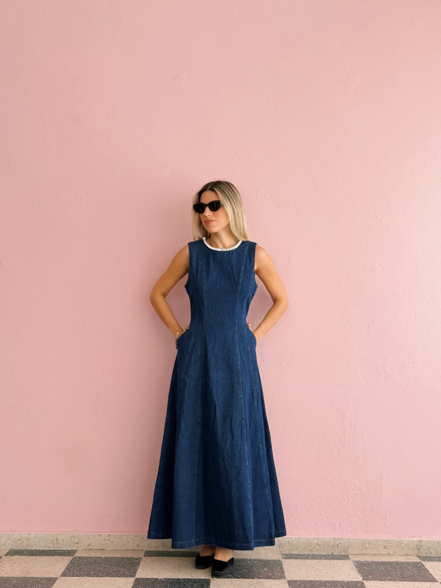 Denim Rhinestone Neck Dress