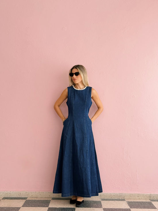 Denim Rhinestone Neck Dress