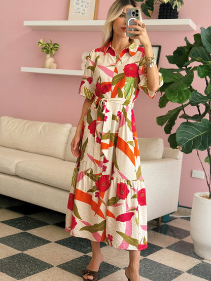 Zipper Front Floral Midi Dress