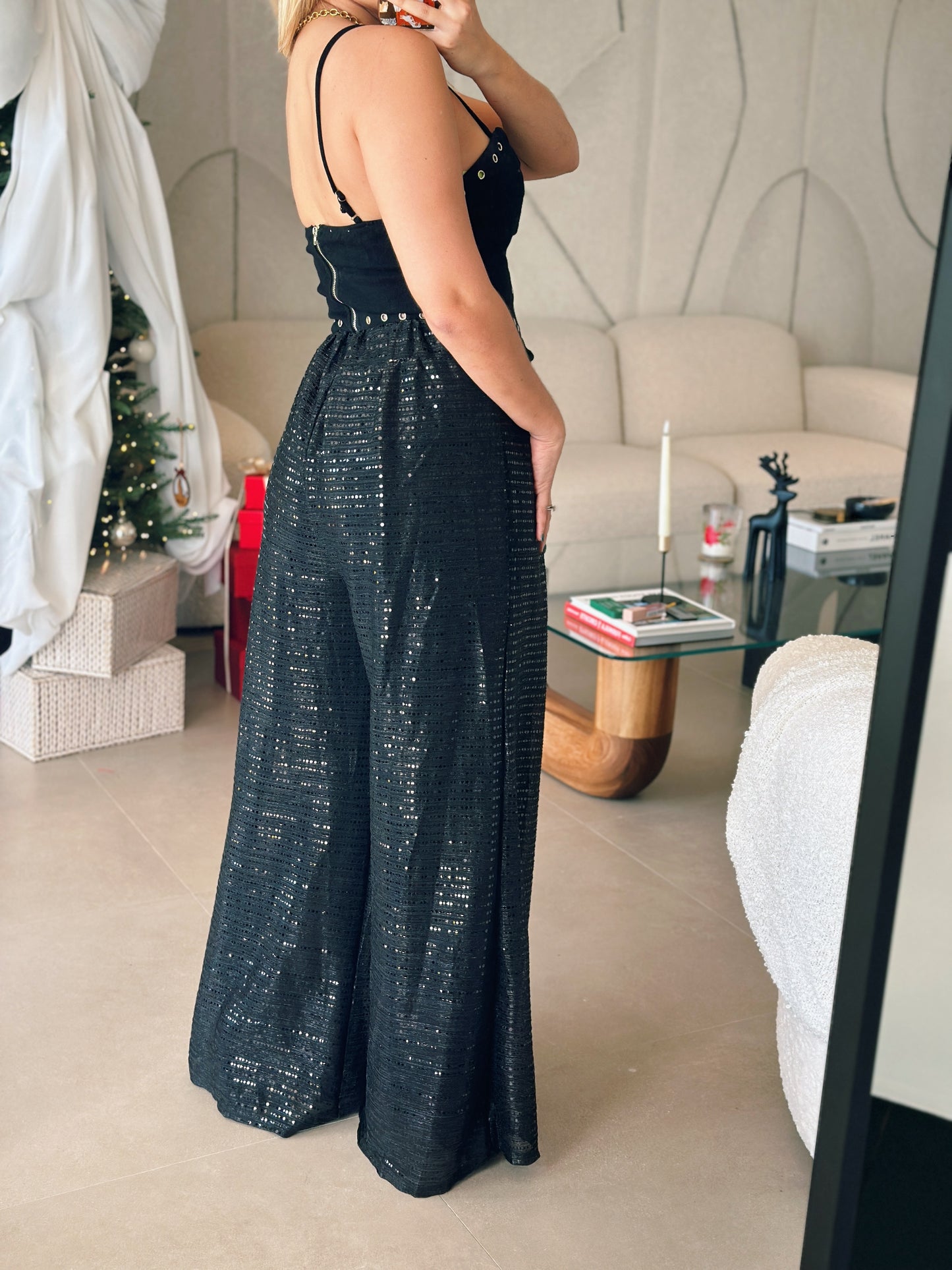 Black Metallic Sequin Wide Pants