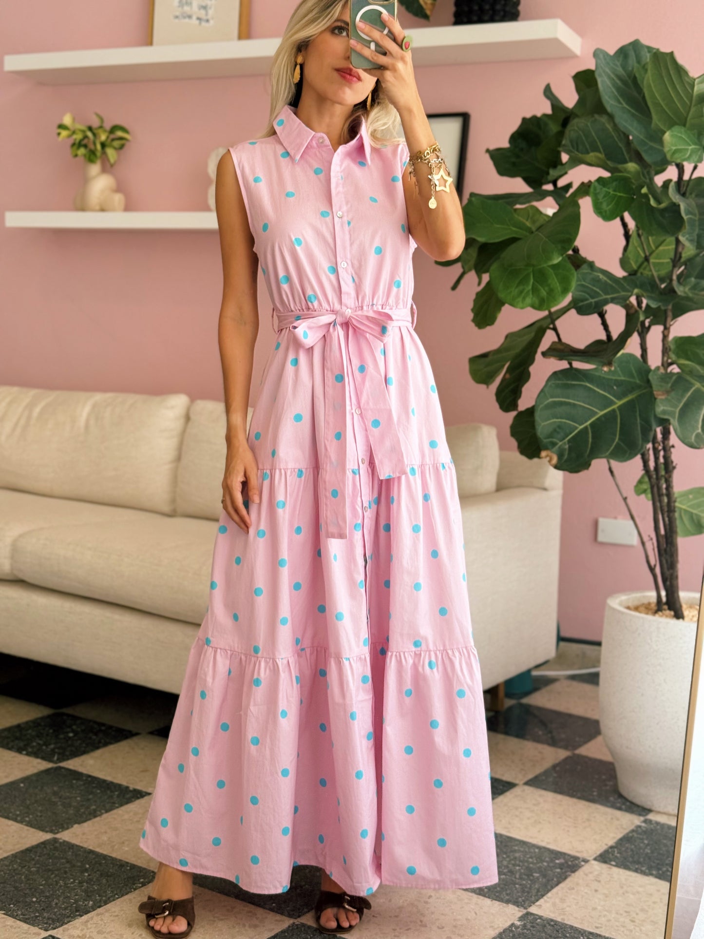 Pink Aqua Polka Maxi Dress
