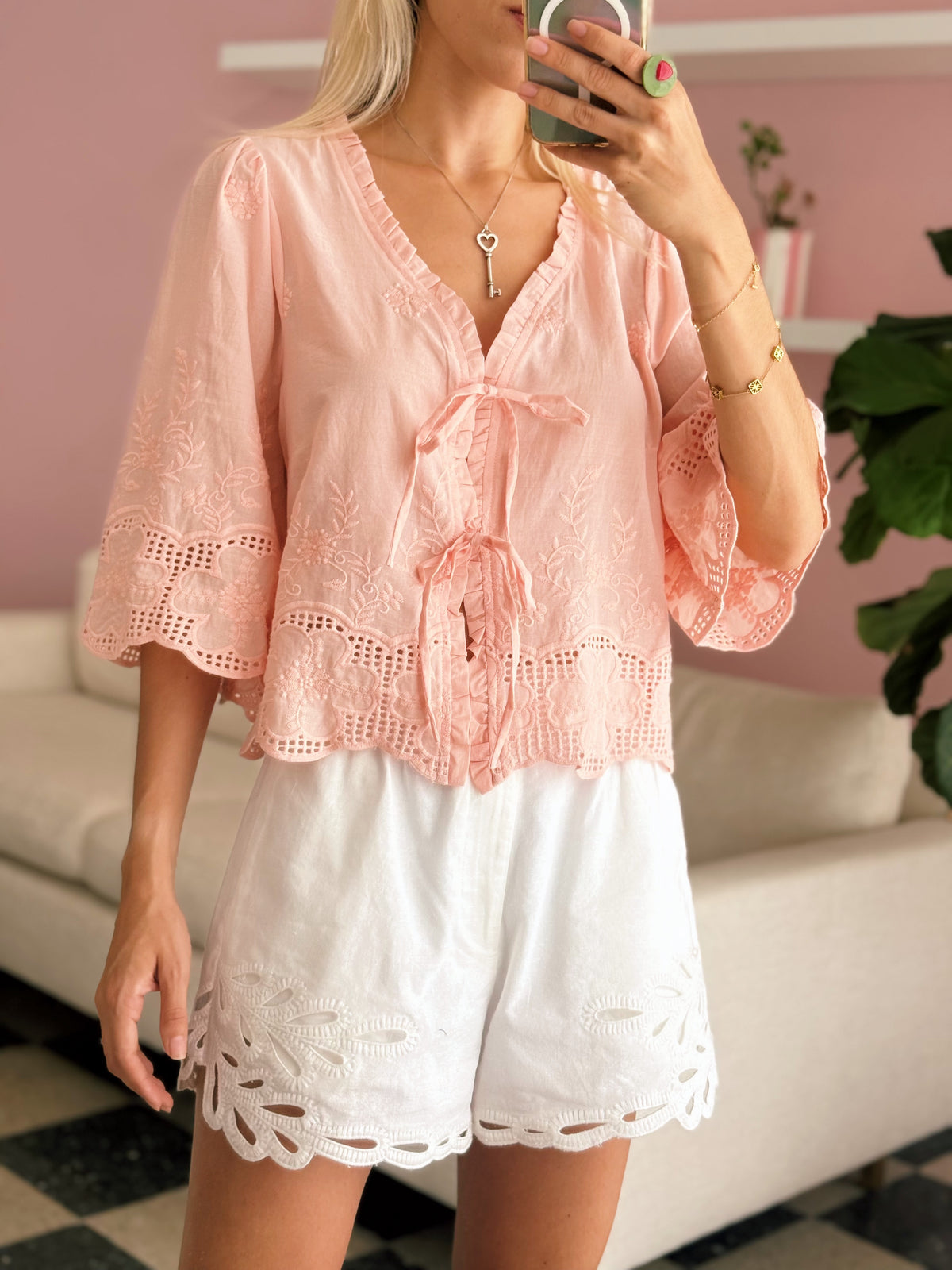 Blush Floral Embroidery Blouse