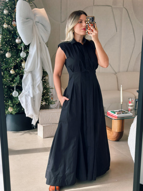 Black Shoulder Pads & Pockets Dress