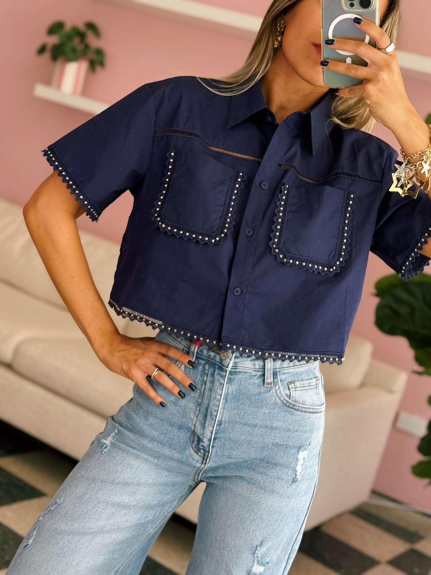 Lace Trim Cropped Shirt