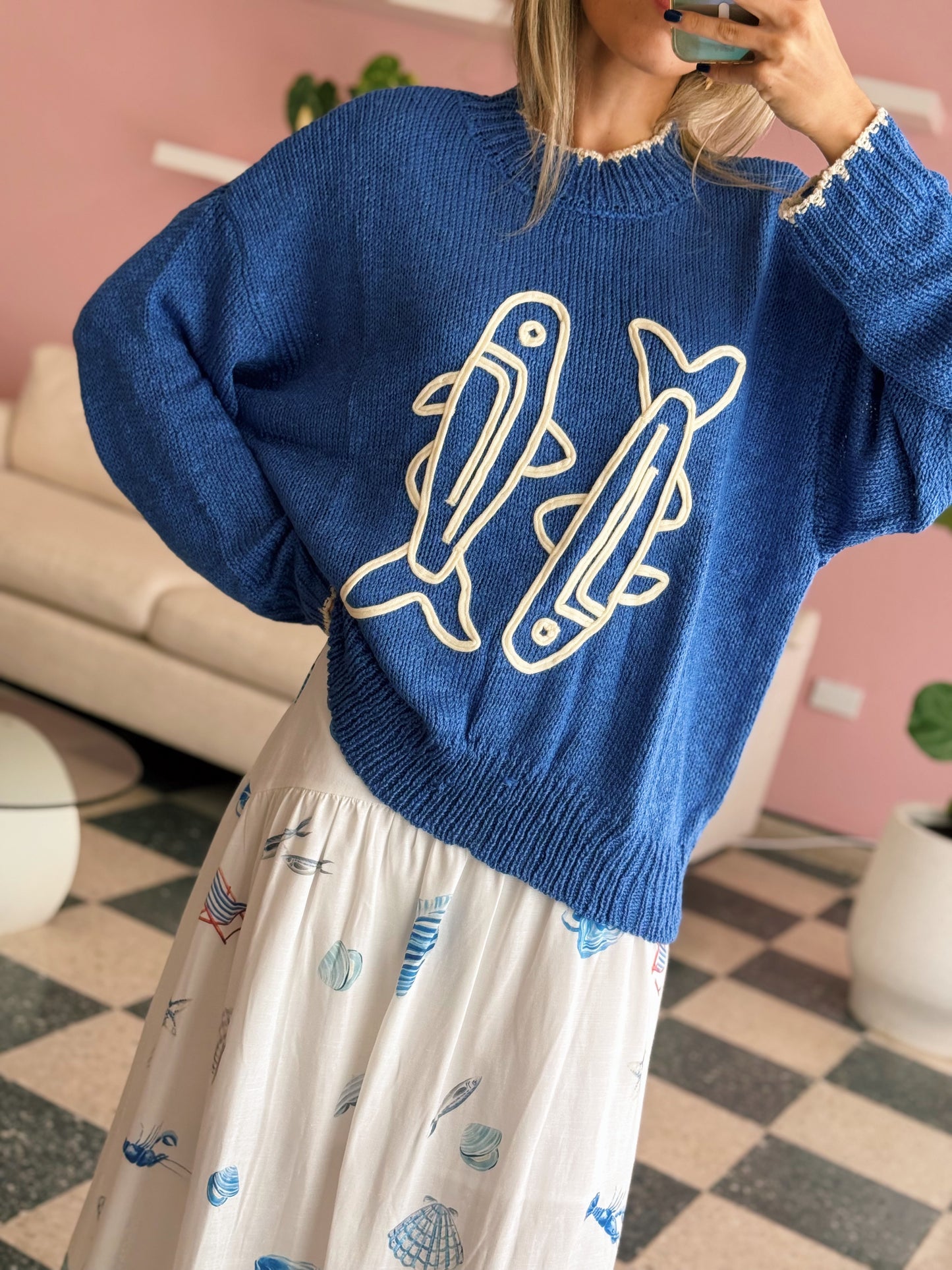 PRE ORDER (final sale/read description) Fish Fish Blue Sweater