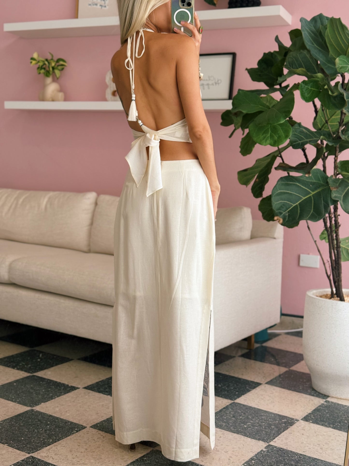 Off-White Flor Top and Maxi Skirt Linen Set - Dress To