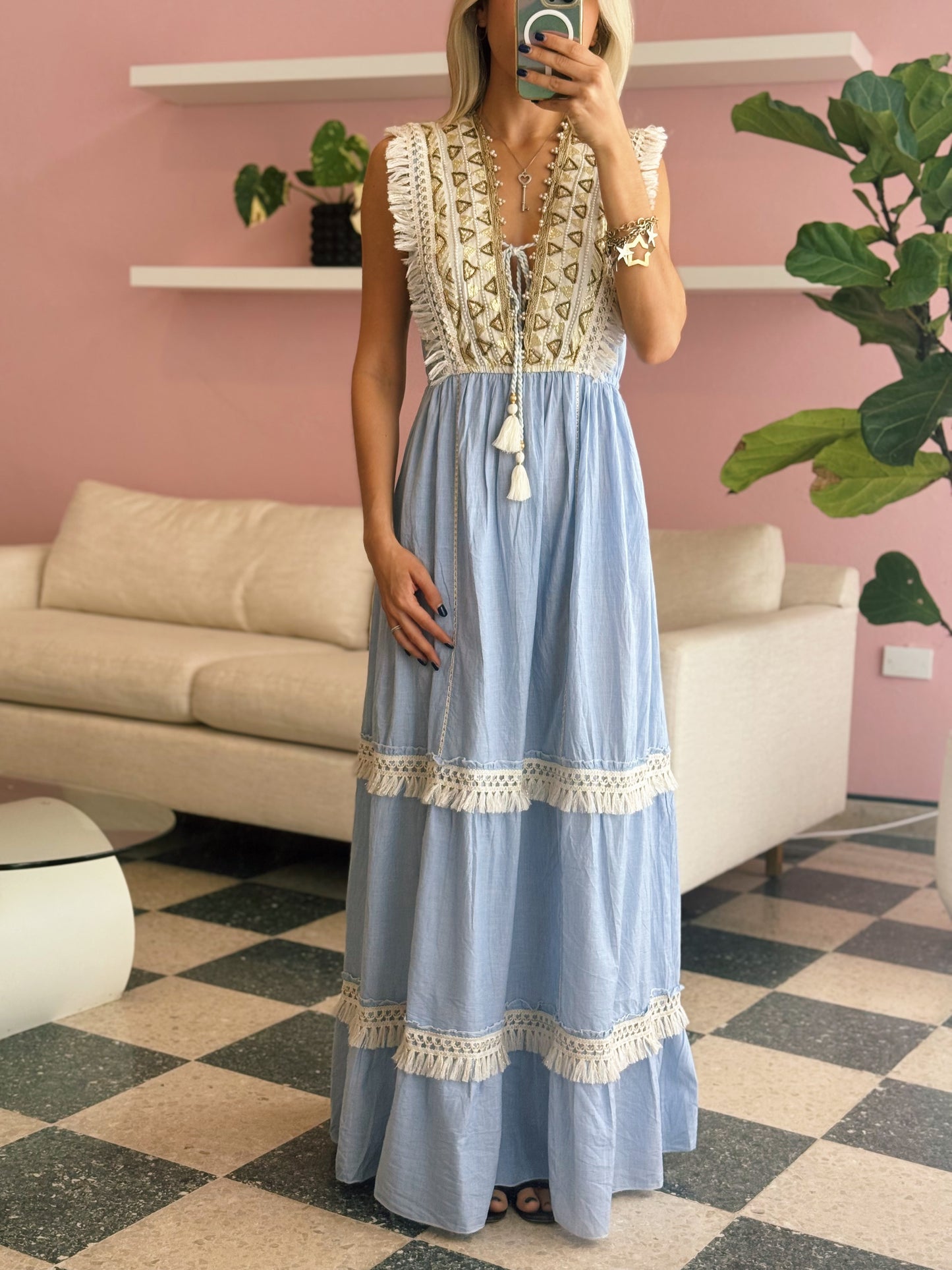 PRE ORDER (final sale/read description!!!Boho Blue Maxi Dress