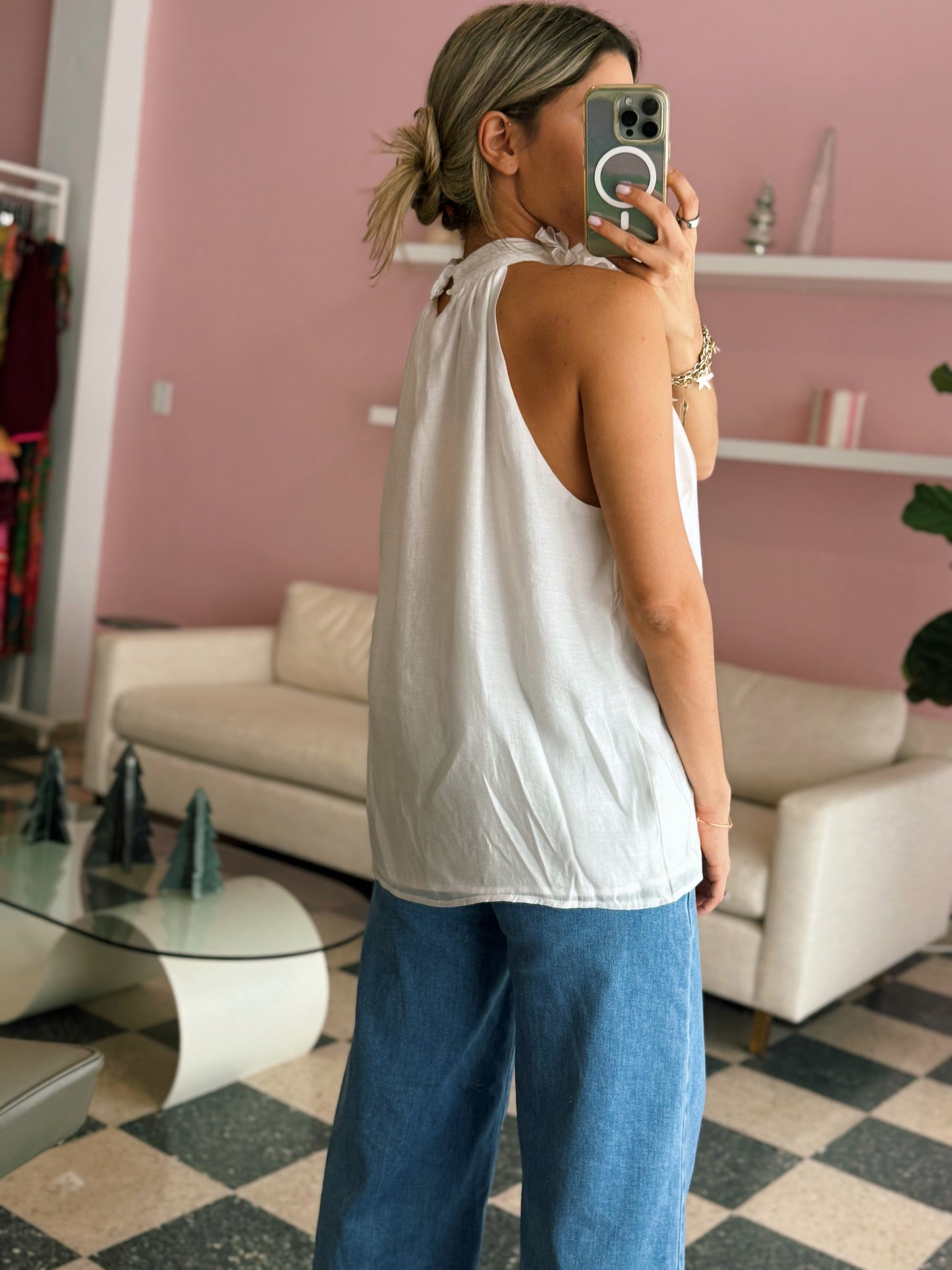 White Floral Neck Blouse